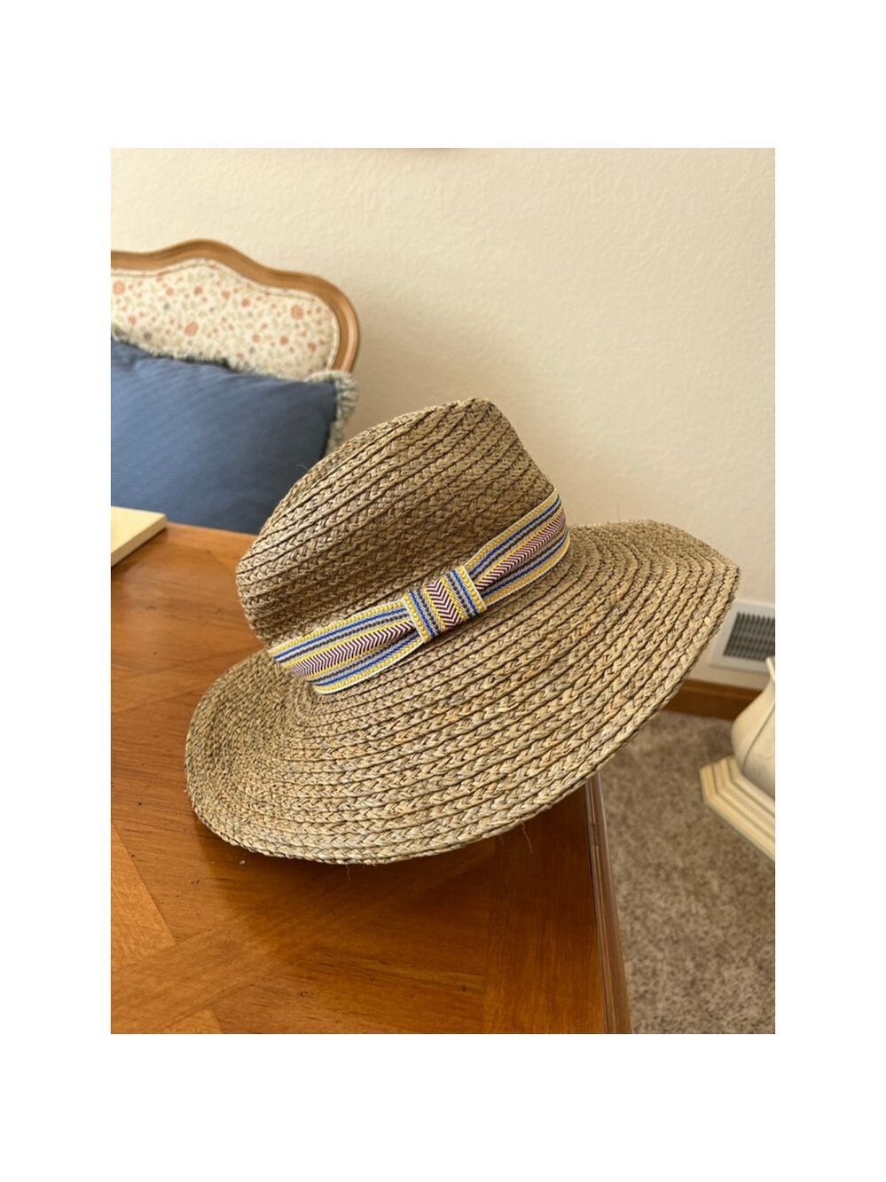 Women's hatattack Beige Straw Hat One Size with Blue & Yellow Trim
